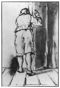 Rembrandt van Rijn (cercul lui), Bărbat privind printr-o ușă întredeschisă, aprox. 1650, desen în creion și cerneală, 20,3 x 13,4 cm, Viena, Albertina (sursa: http://sammlungenonline.albertina.at/?query=Inventarnummer=[8830]&showtype=record)