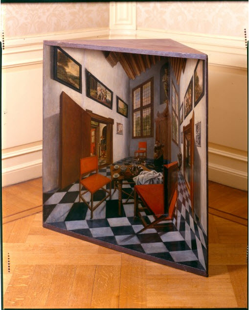 Pieter Janssens Elinga, Perspective box, a doua jumătate a sec. XVII, ulei pe lemn, 84 x 82 x 42 cm, Haga, Museum Bredius (sursa și alte imagini, inclusiv zoom: https://en.museumbredius.nl/product/elinga-pieter-janssens-perspective-box/)
